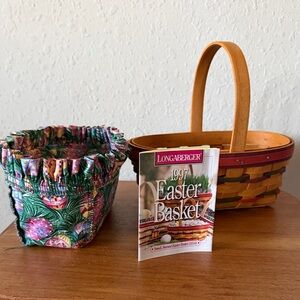 Longaberger Woven Basket with Floral Fabric Liner and Wooden Handle